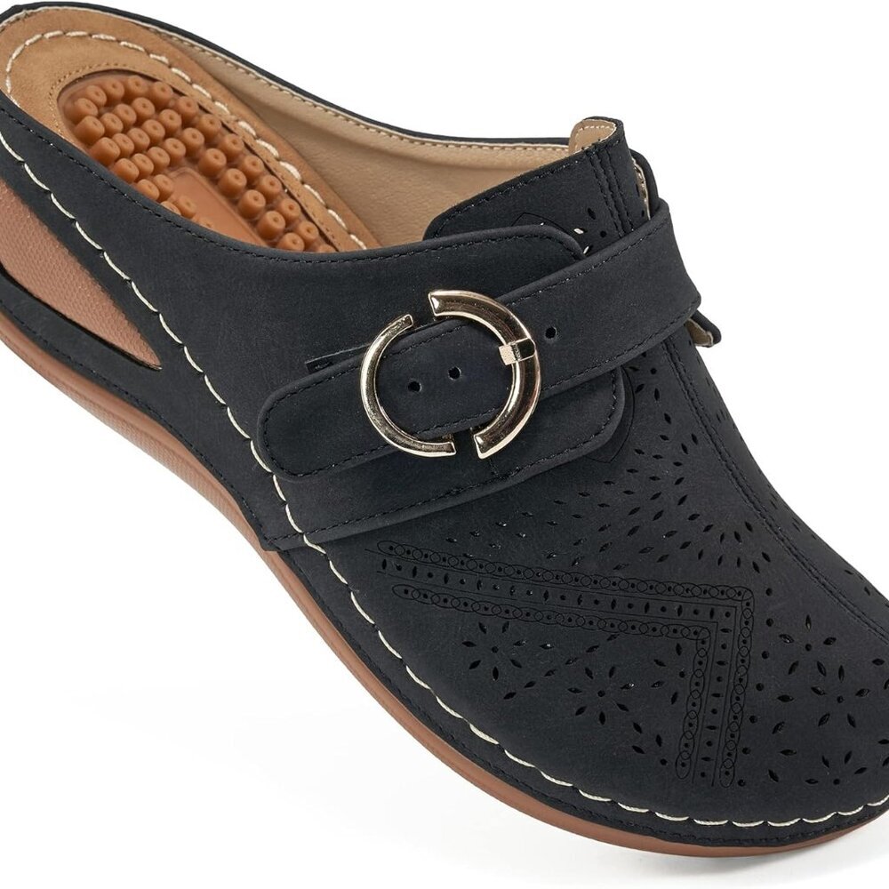 Women’s Faux Leather Wedge Mules Breathable Slip On Adjustable Buckle